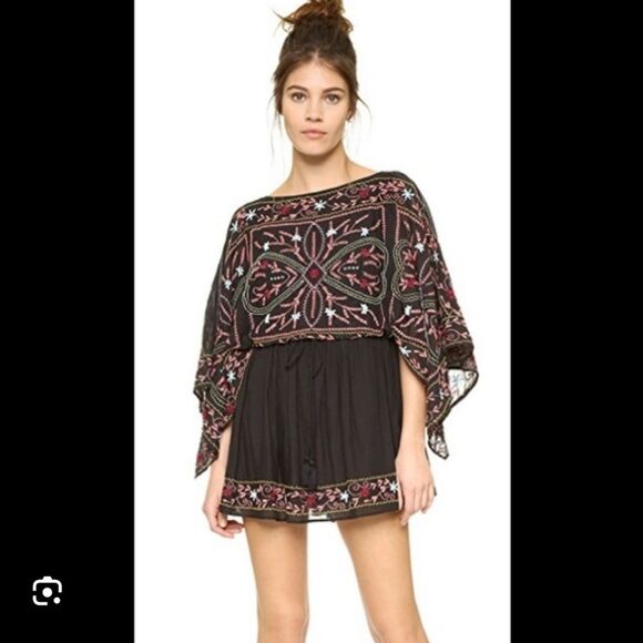 Free People Batiste Frida Black Embroidered Mini Dress Bell Sleeve S Small - Picture 7 of 16